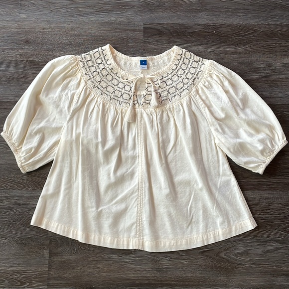 Old Navy Notch Tie Neck Smocked Yoke Puff Sleeve Short Blouse - Picture 11 of 11